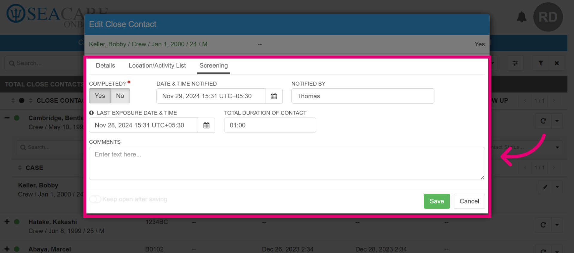 Add Screening information