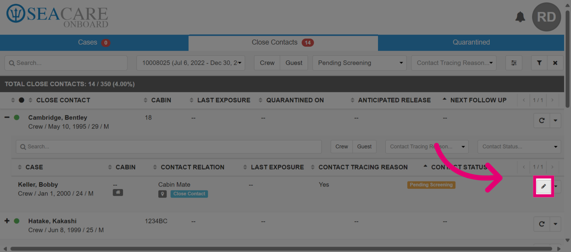 Select the pencil button to edit a Close Contact