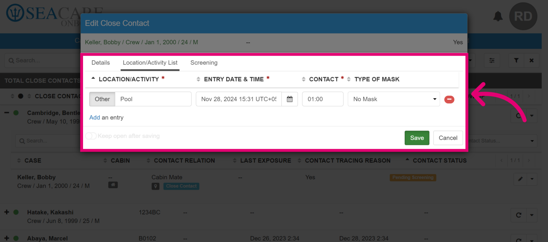 Include the 'Location/Activity' details