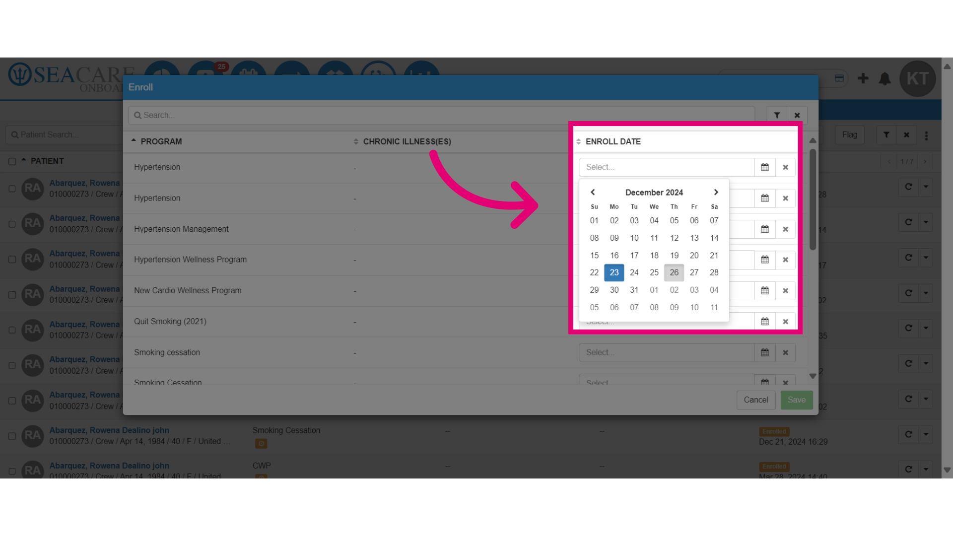 Select the date to 'Start' the program