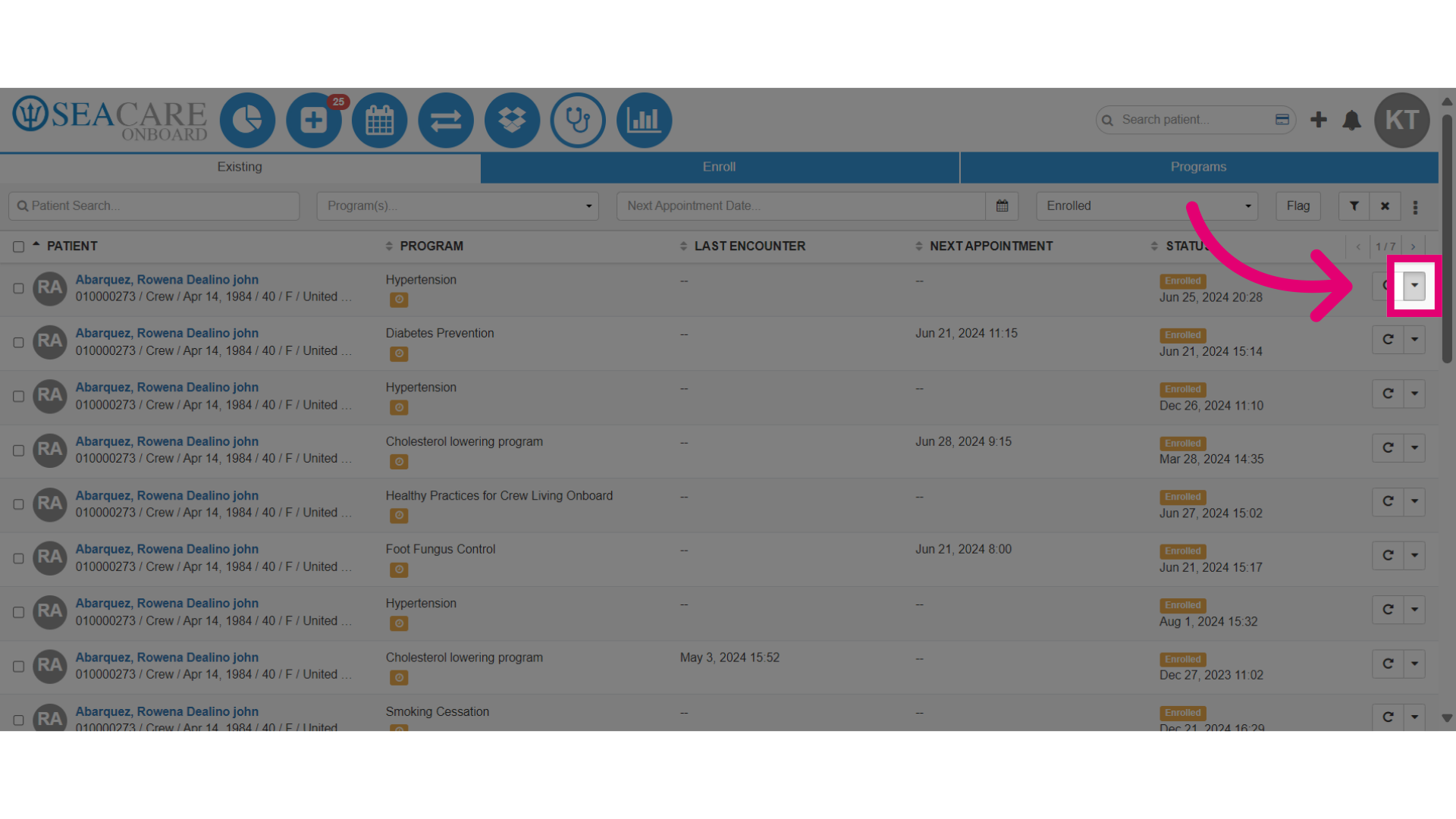 View the 'Actions' button to review the enrollment details