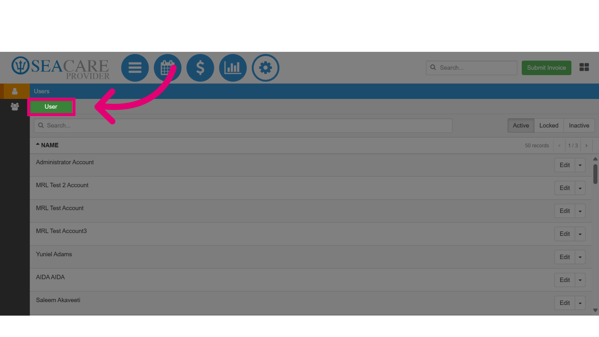 Click on the green 'User' button
