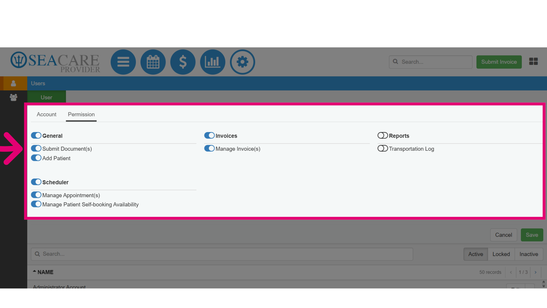 Toggle on permissions for the user