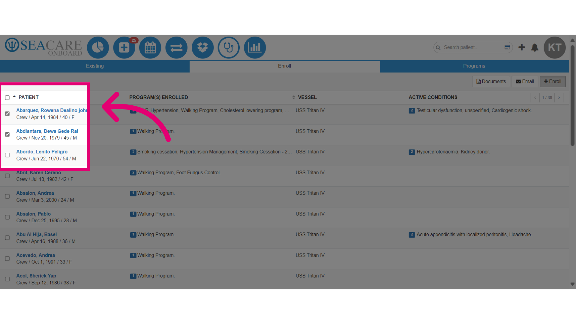 Select the checkbox for the patients to enroll in a program
