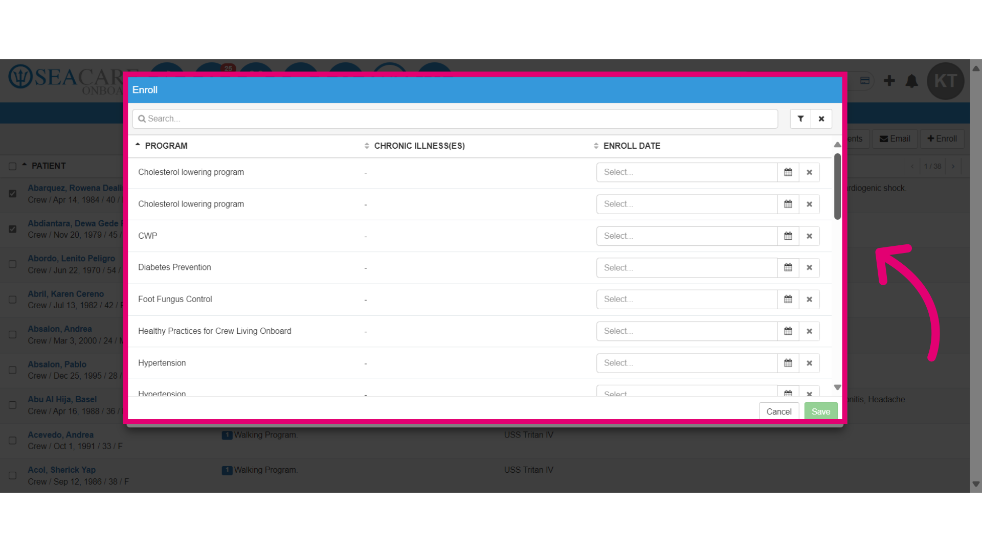 Select the program for enrollment