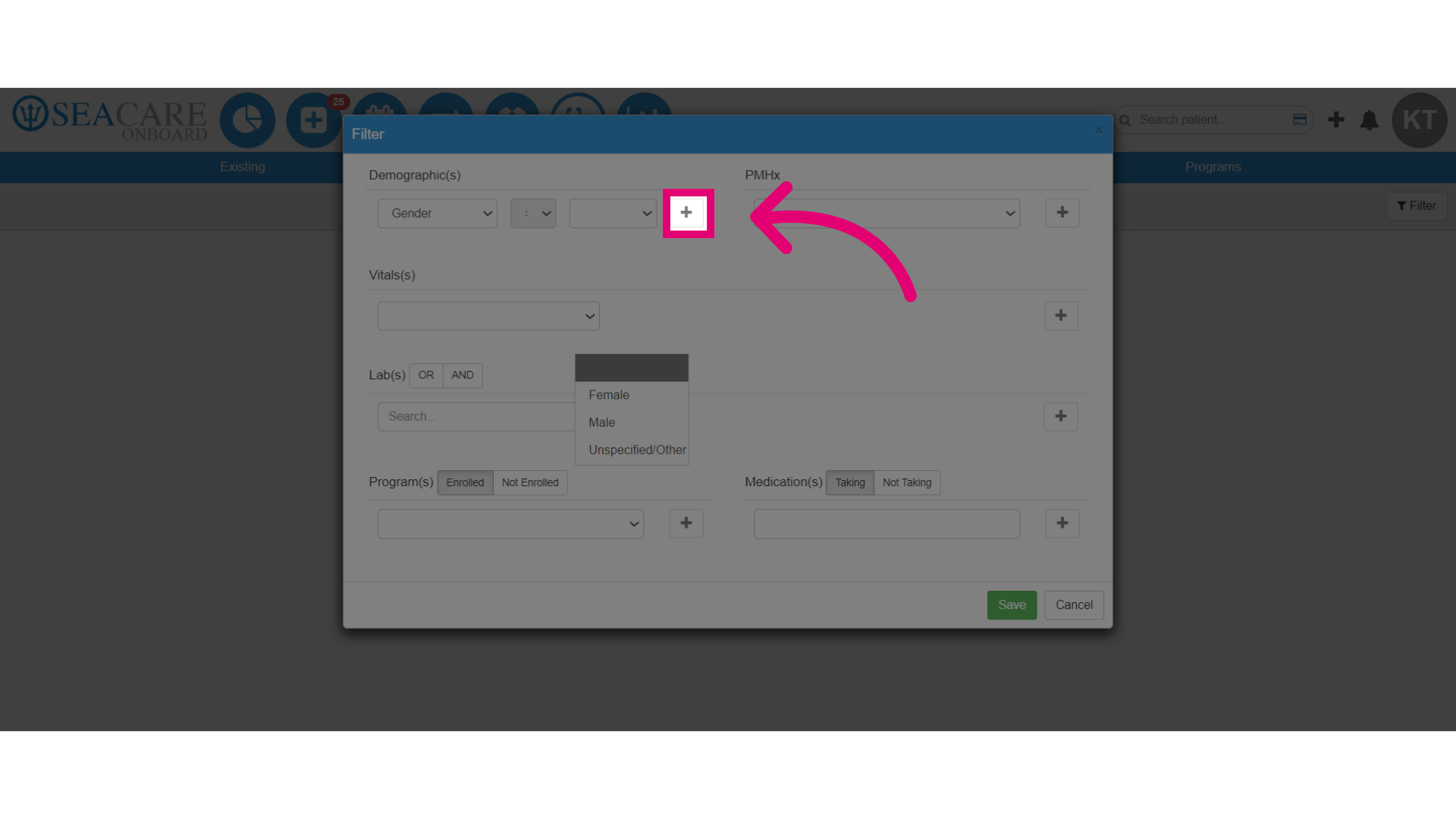 Select the plus sign to add the filter