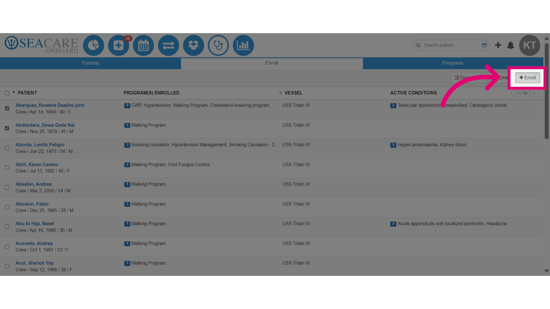 Select 'Enroll' to enroll the crew members