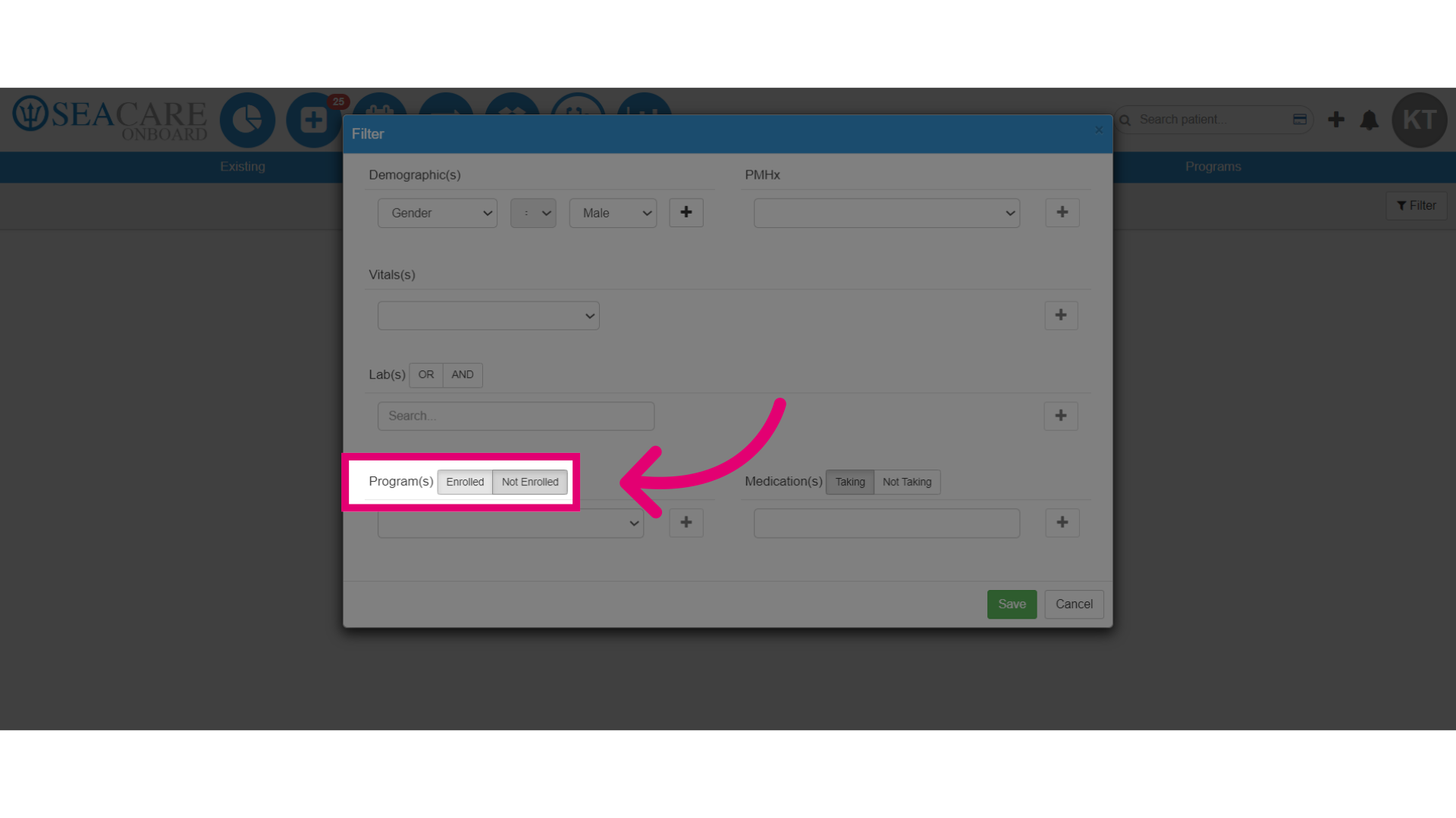 Select the enrollment status as 'Enrolled' or 'Not Enrolled' in an existing program