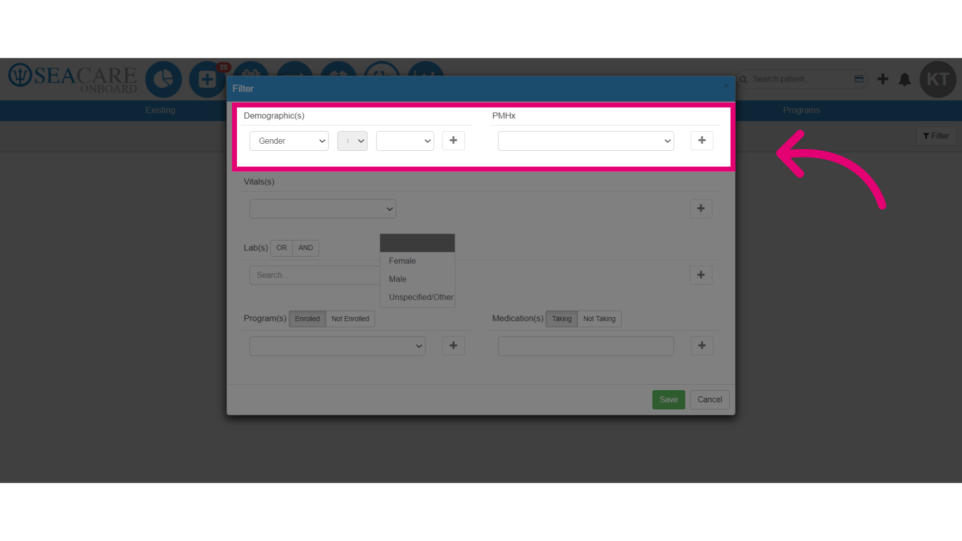 Add filters for the sections for 'Demographics' or 'Past Medical History'