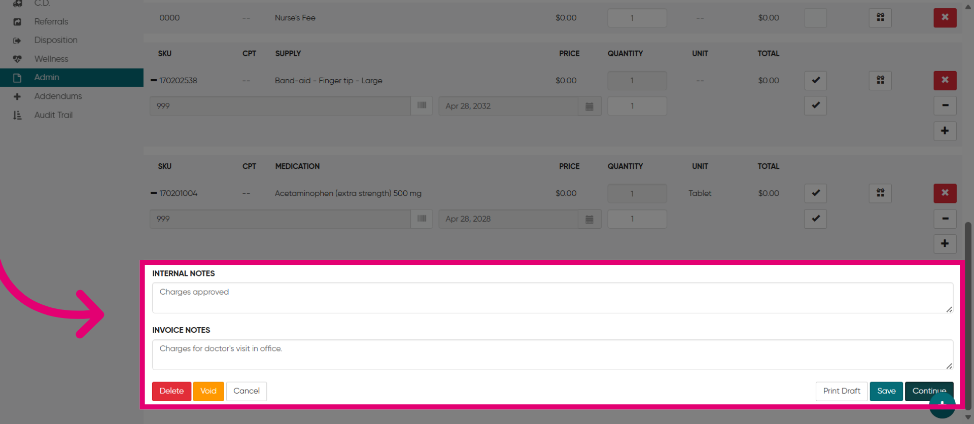 Add Internal or Invoice Notes