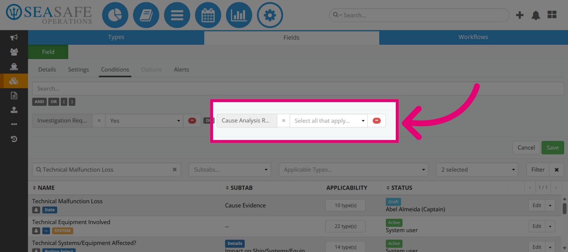 Select Cause Analysis Field