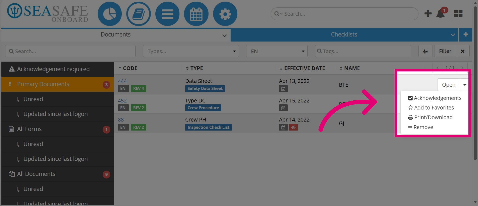 Access Document 'Actions' and 'Acknowledgement'
