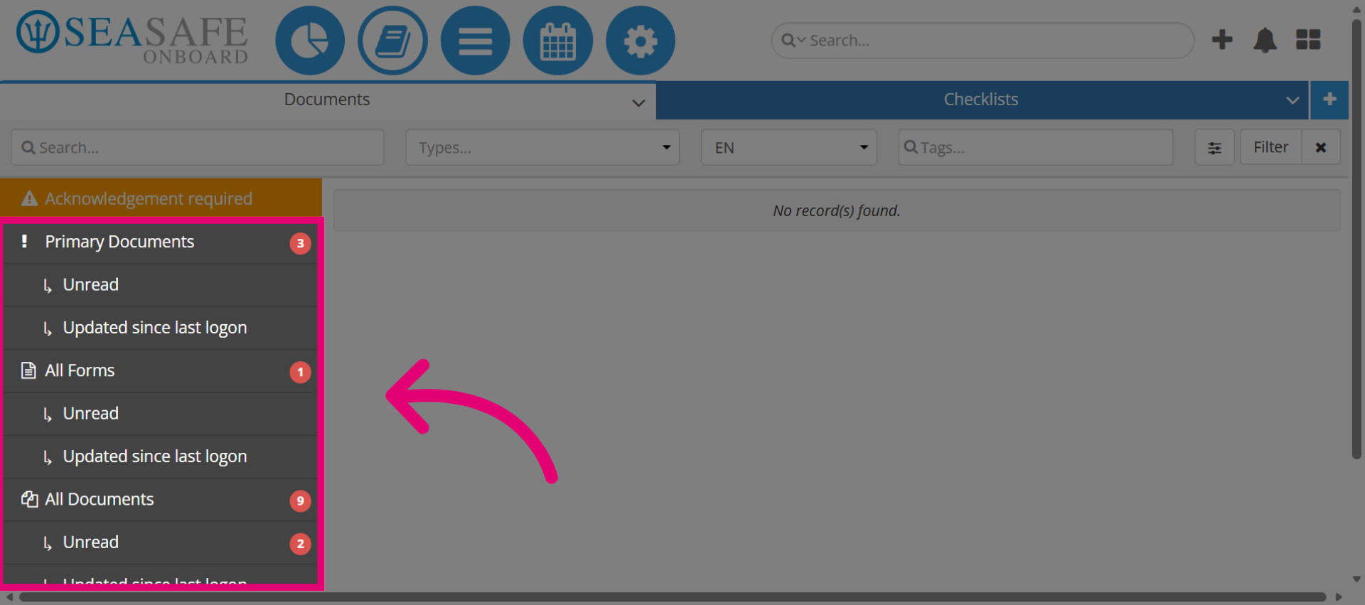 Documents Tab Menu