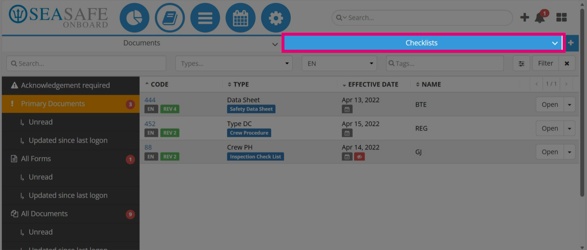 Select 'Checklists' section