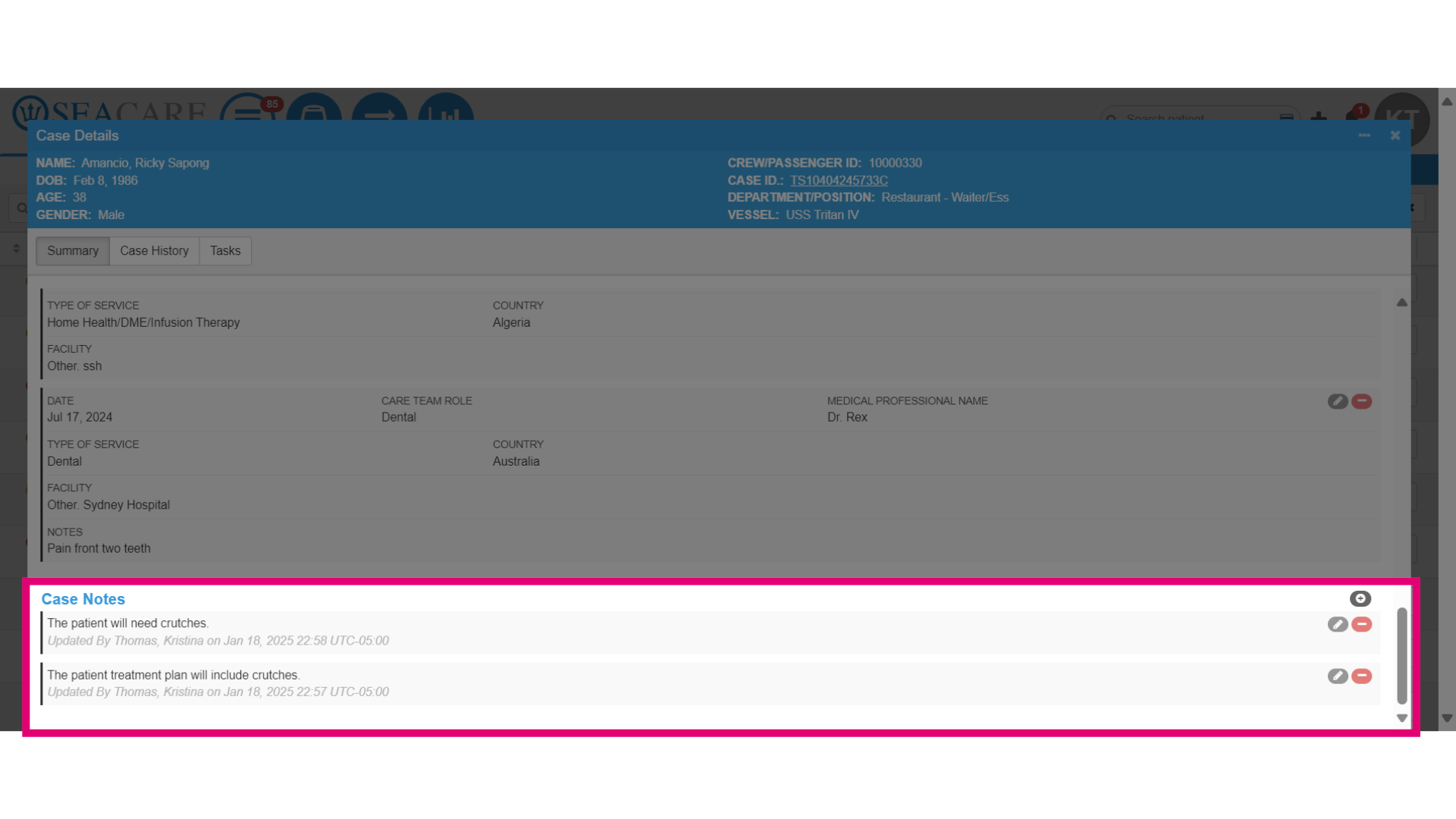 Scroll to the 'Case Notes' section