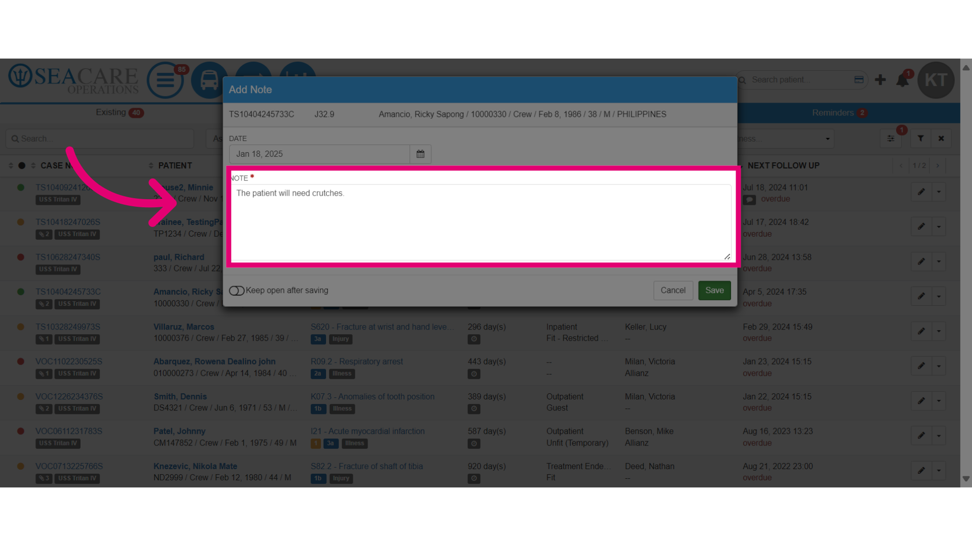 Type your note in the 'Notes' text field