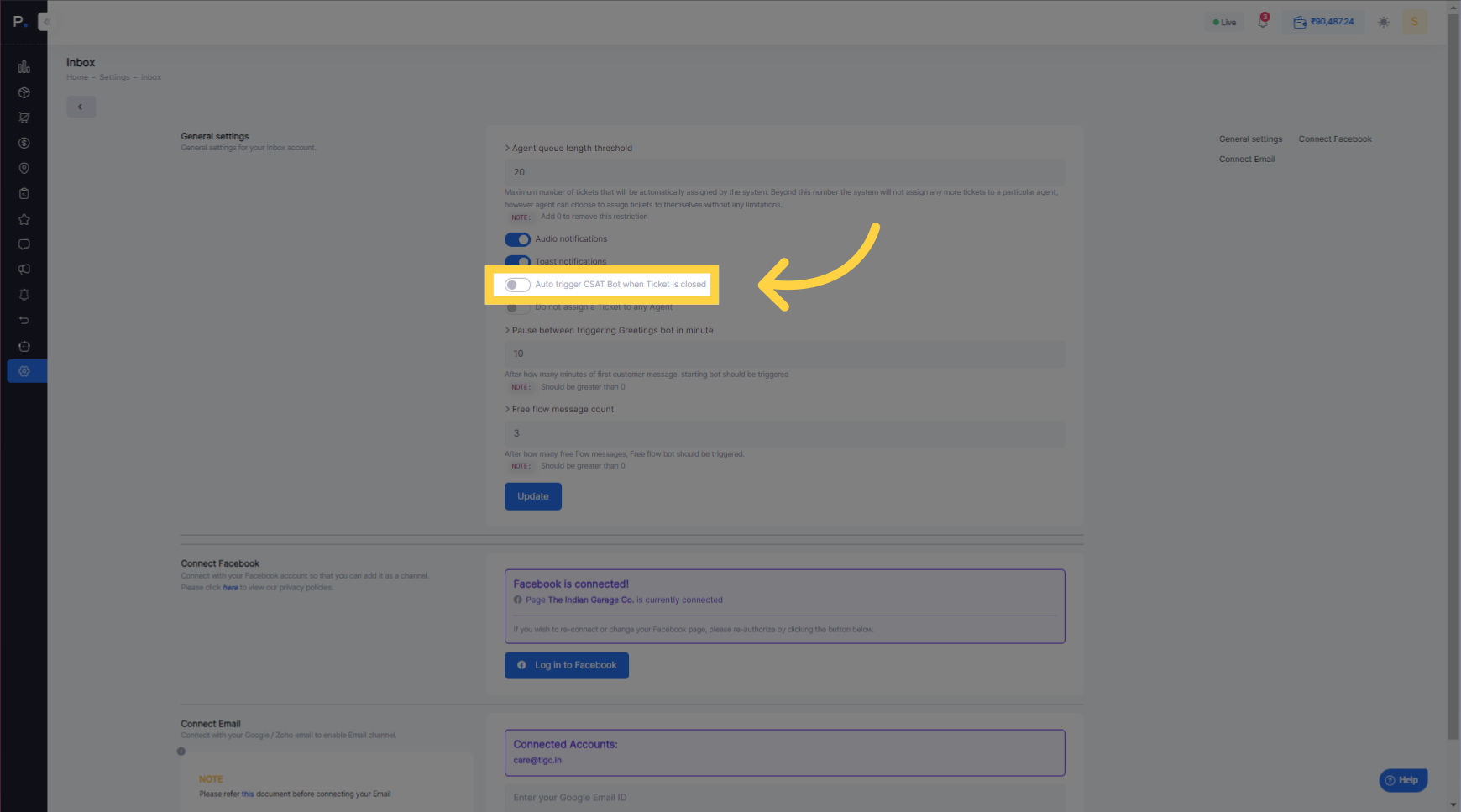 Click 'Auto trigger CSAT Bot when Ticket is closed'