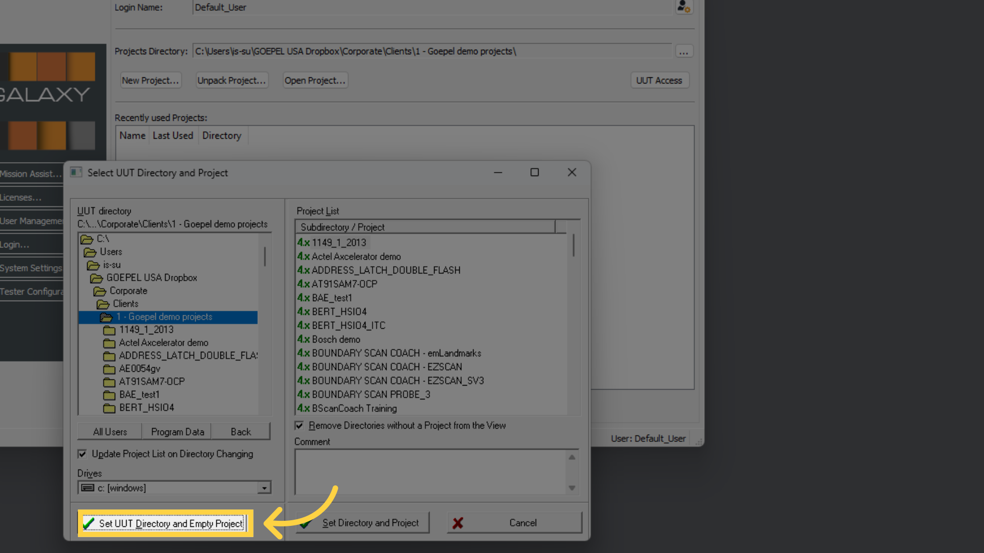 Click 'Set UUT Directory and Empty Project'