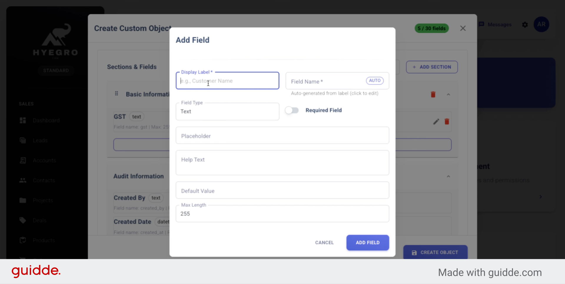 Enter Section Field Label