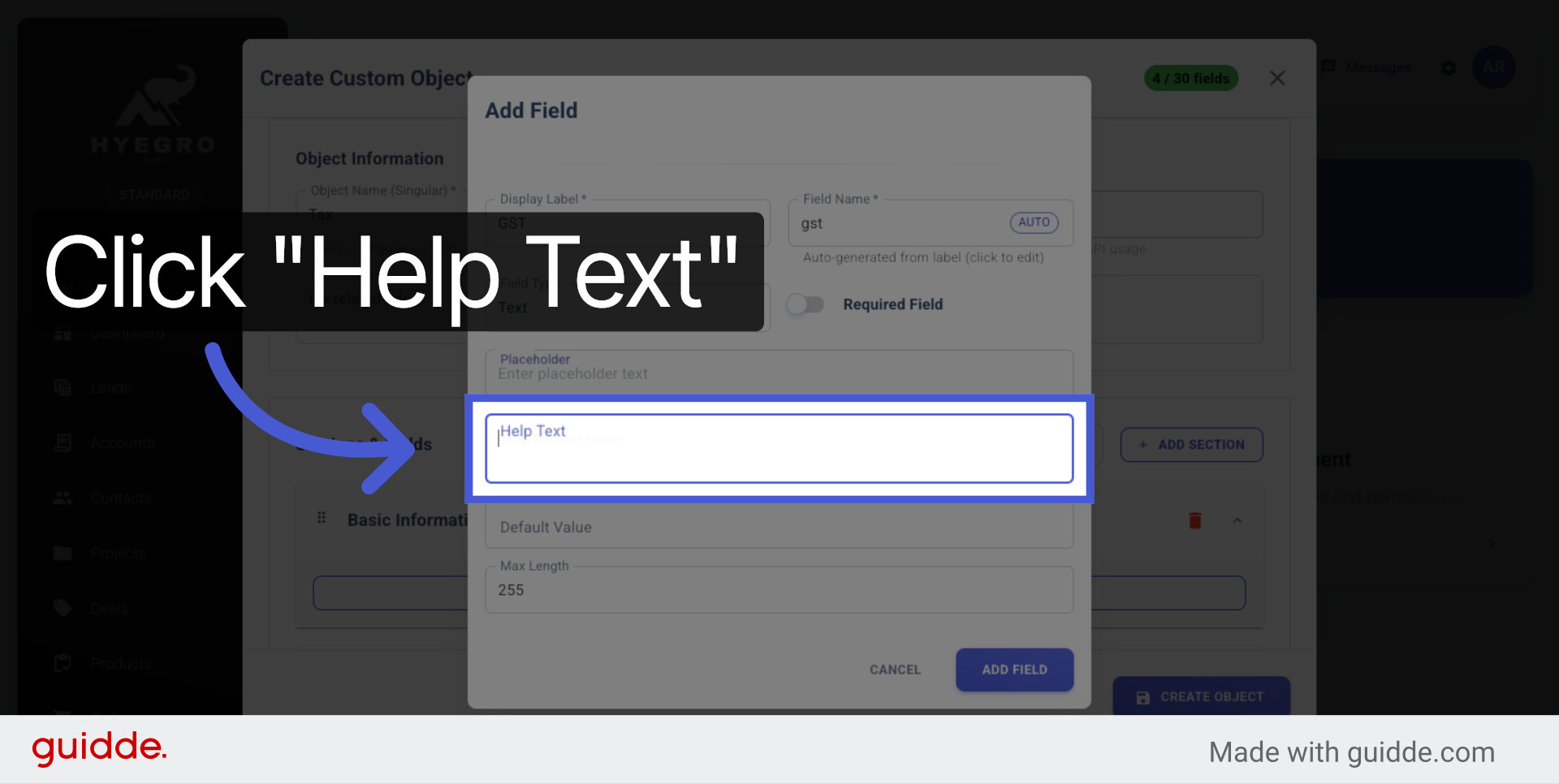 Select Help Text Field