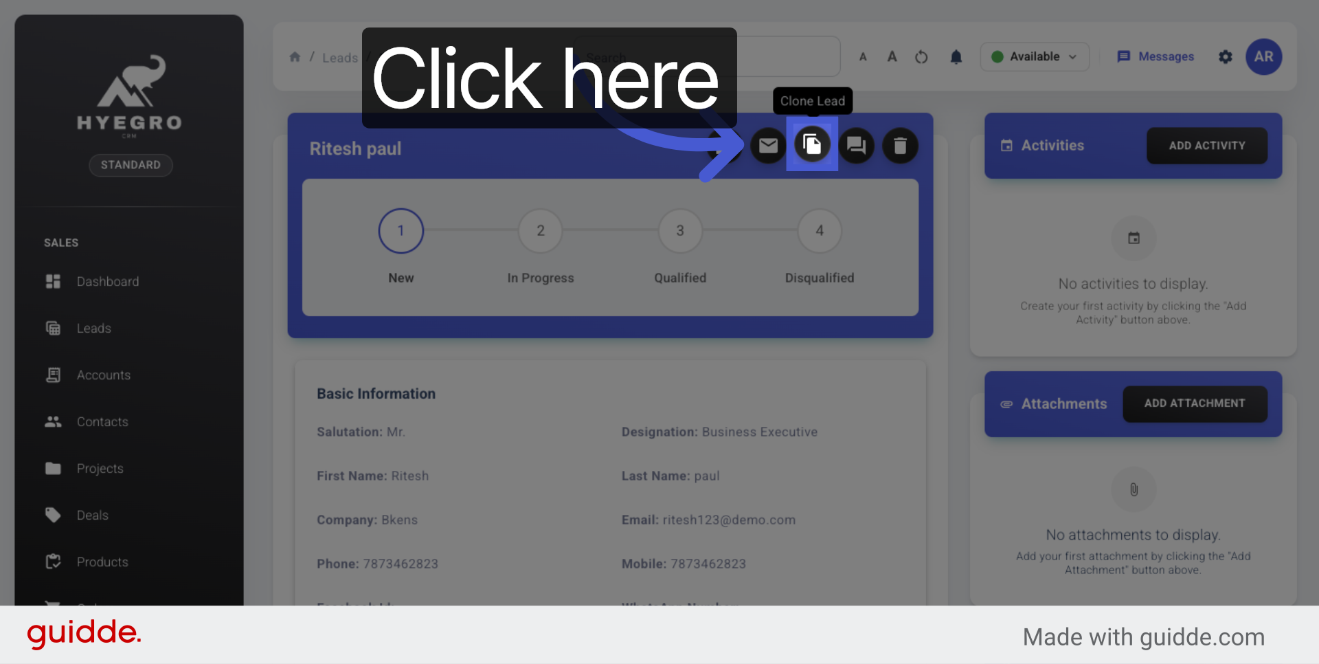 Click Clone Lead Button