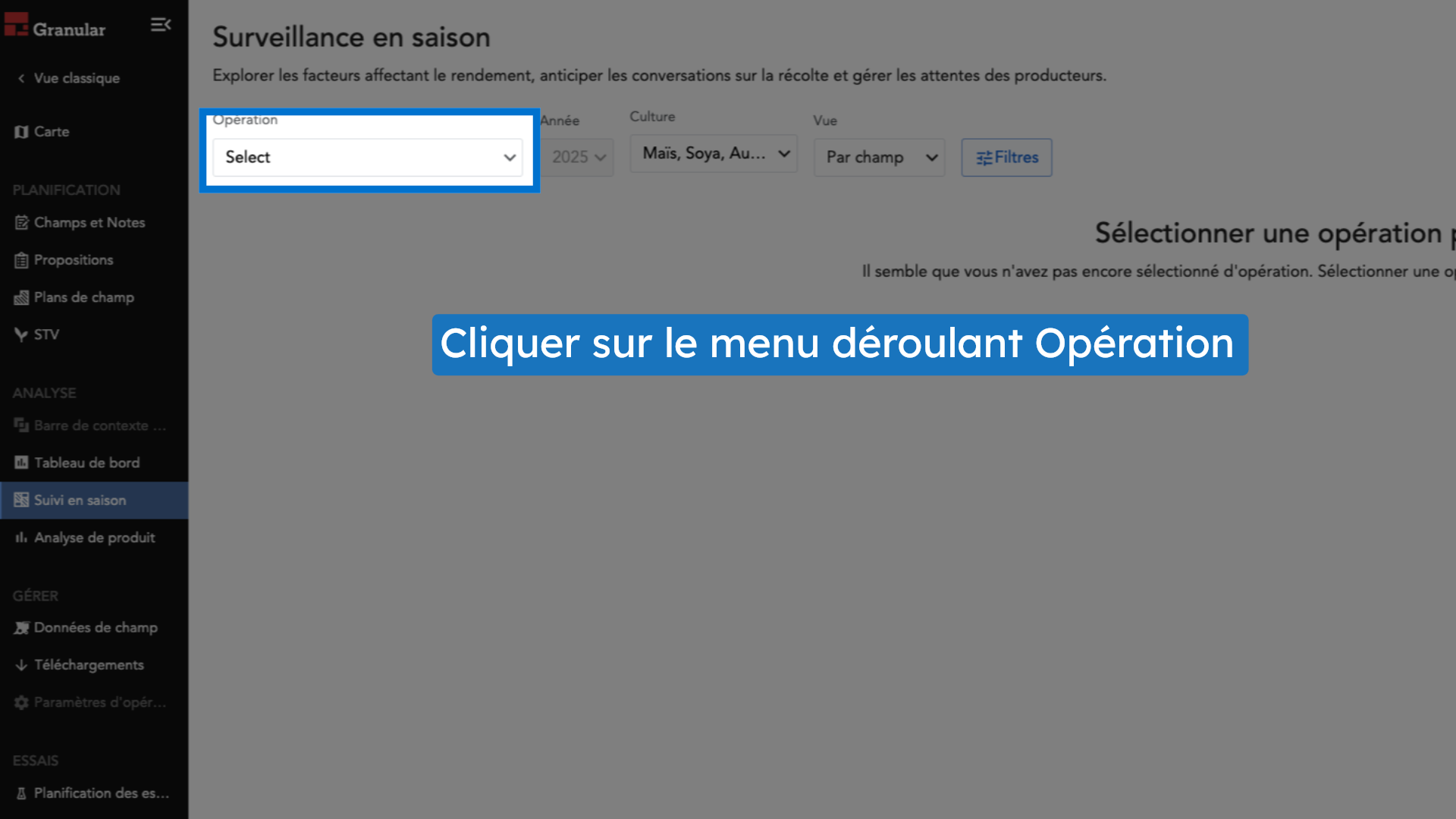 Cliquer sur le menu déroulant Opération