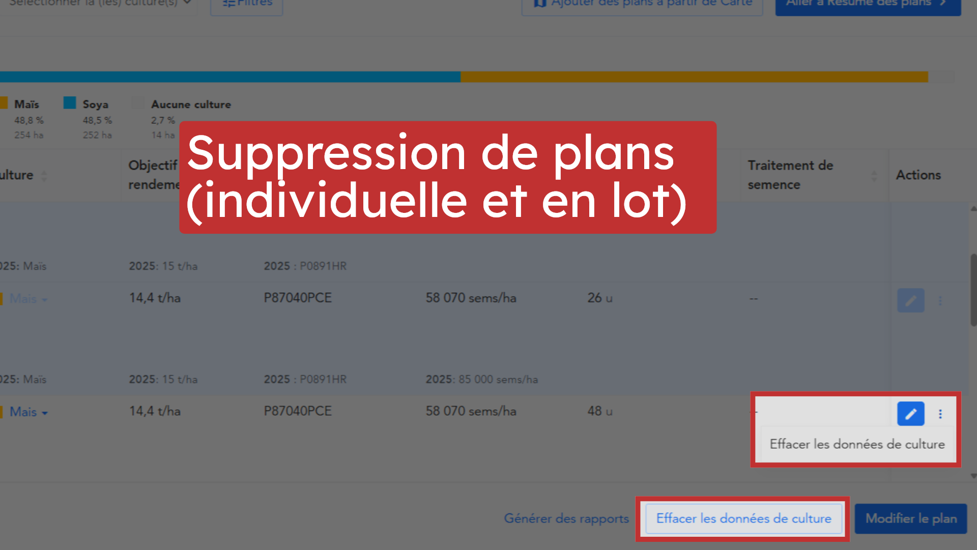 Suppression de plans (individuelle et en lot)