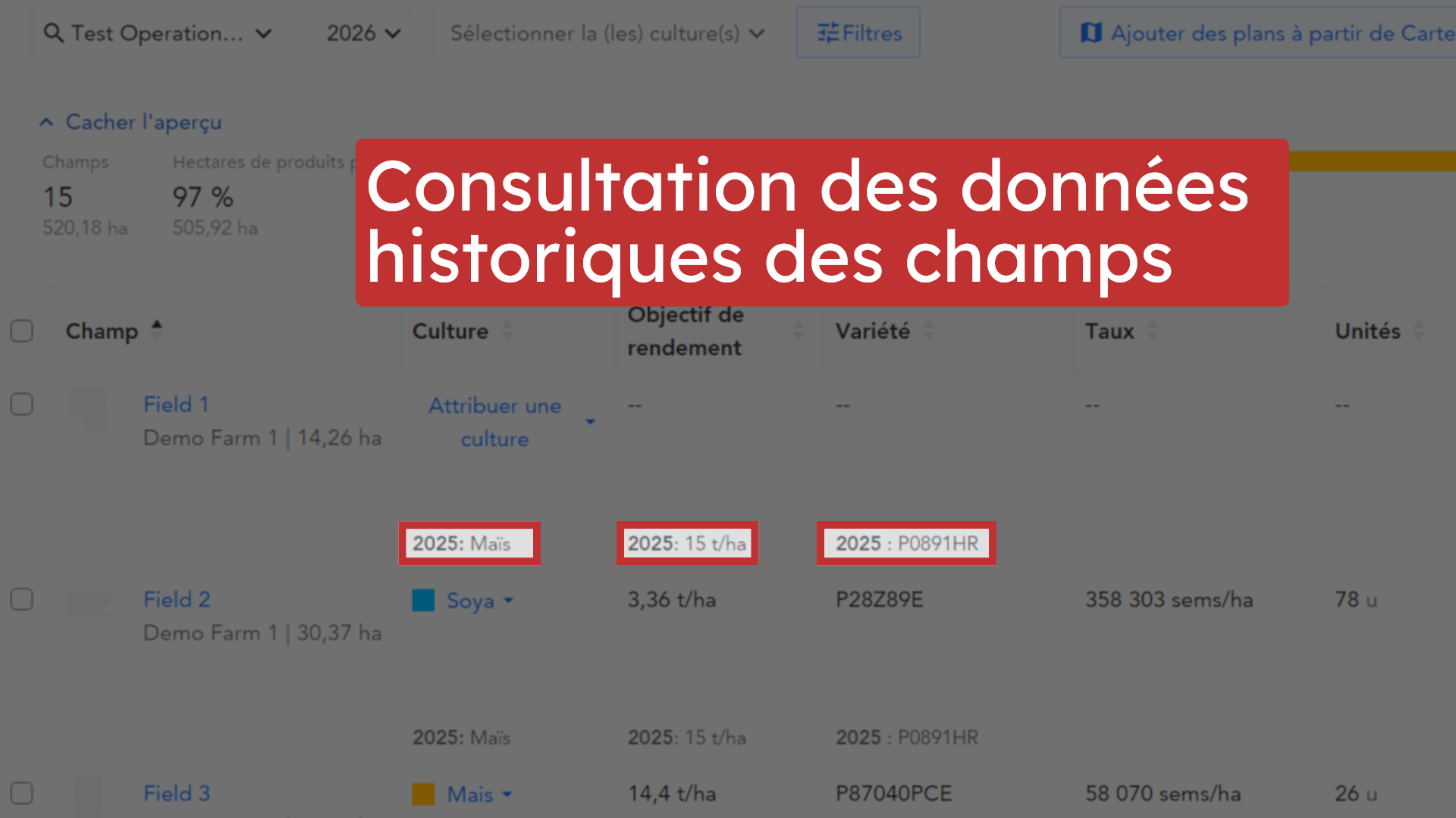 Consultation des données historiques des champs
