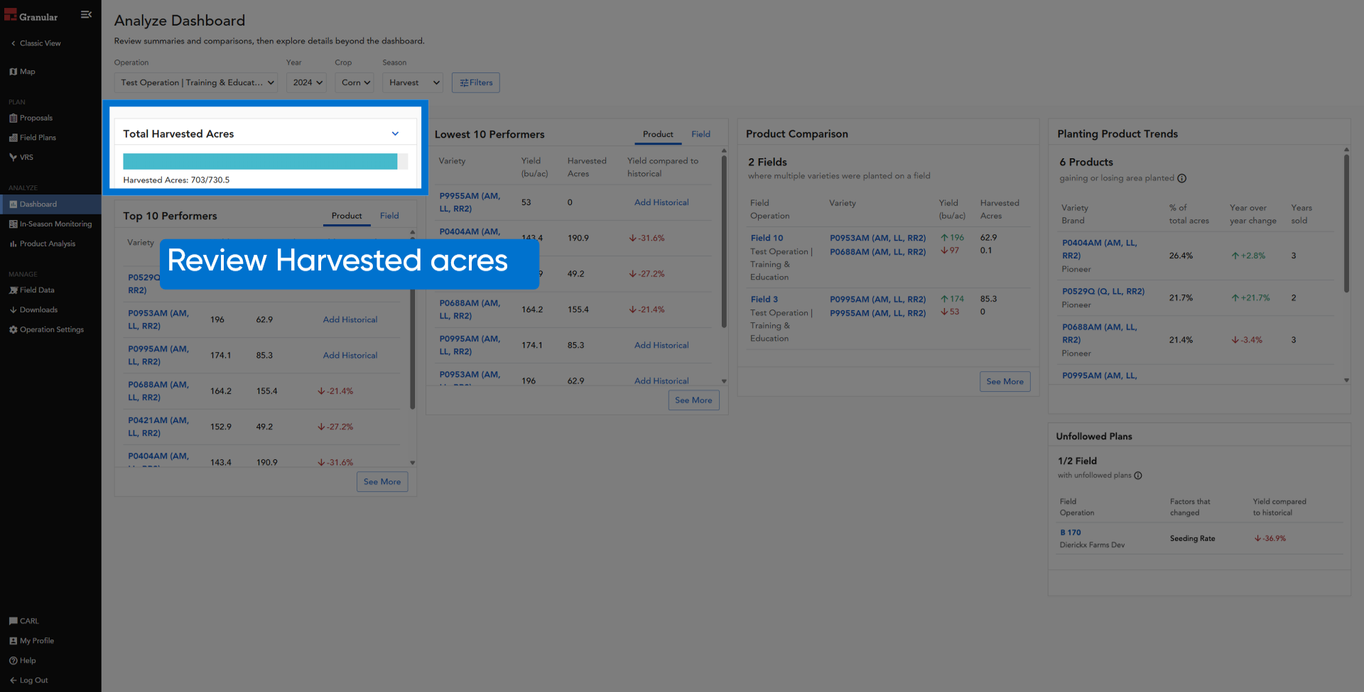 Review harvested acres