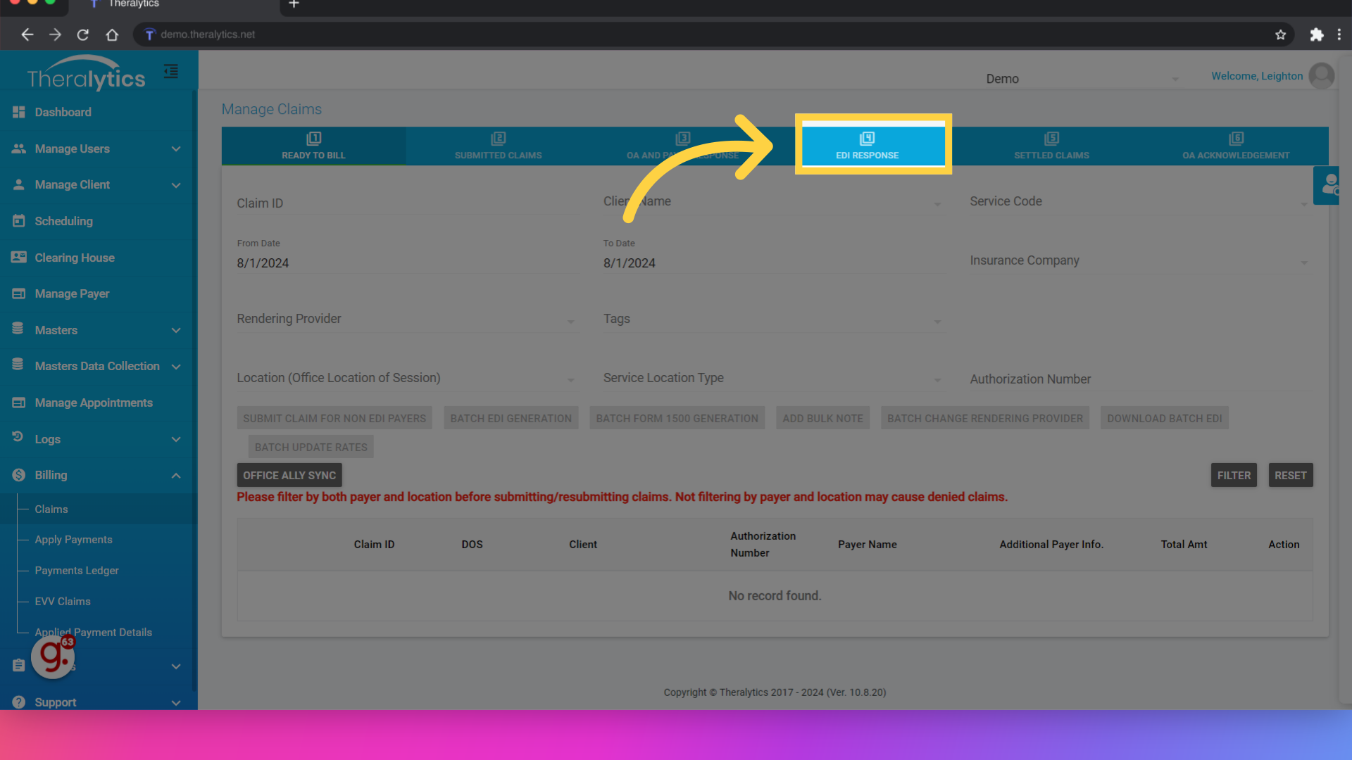 Any payer response appers under the EDI Response tab once it is downloaded from Office Ally