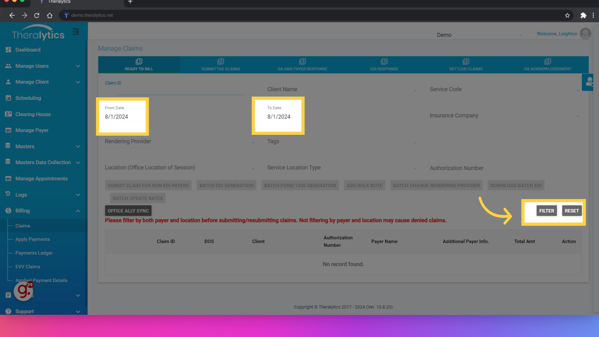 Use the date filter to locate your claims