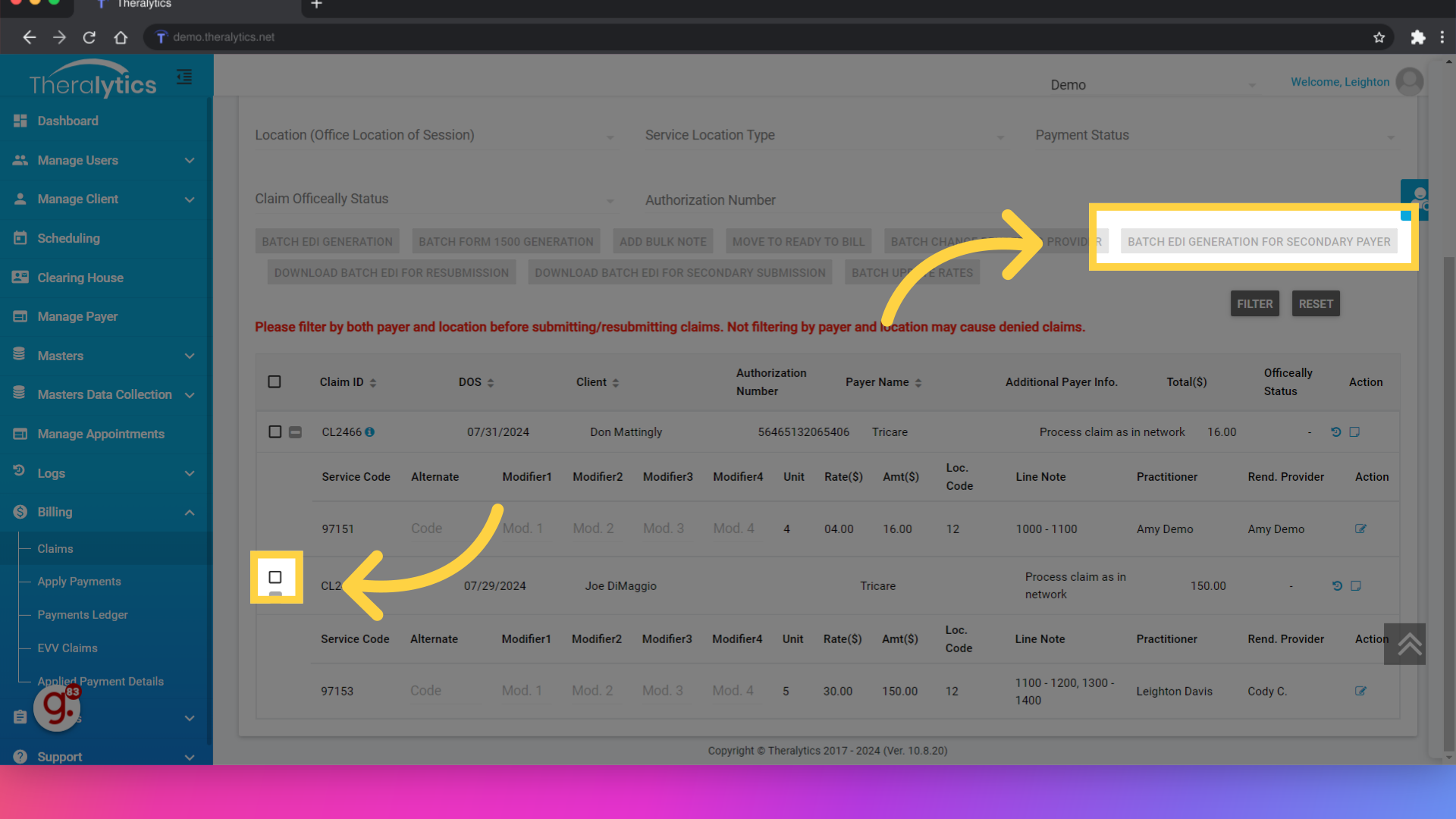 Select your claim using the checkbox, then use the Batch EDI Generation for Secondary Payer button to send the claim to the secondary