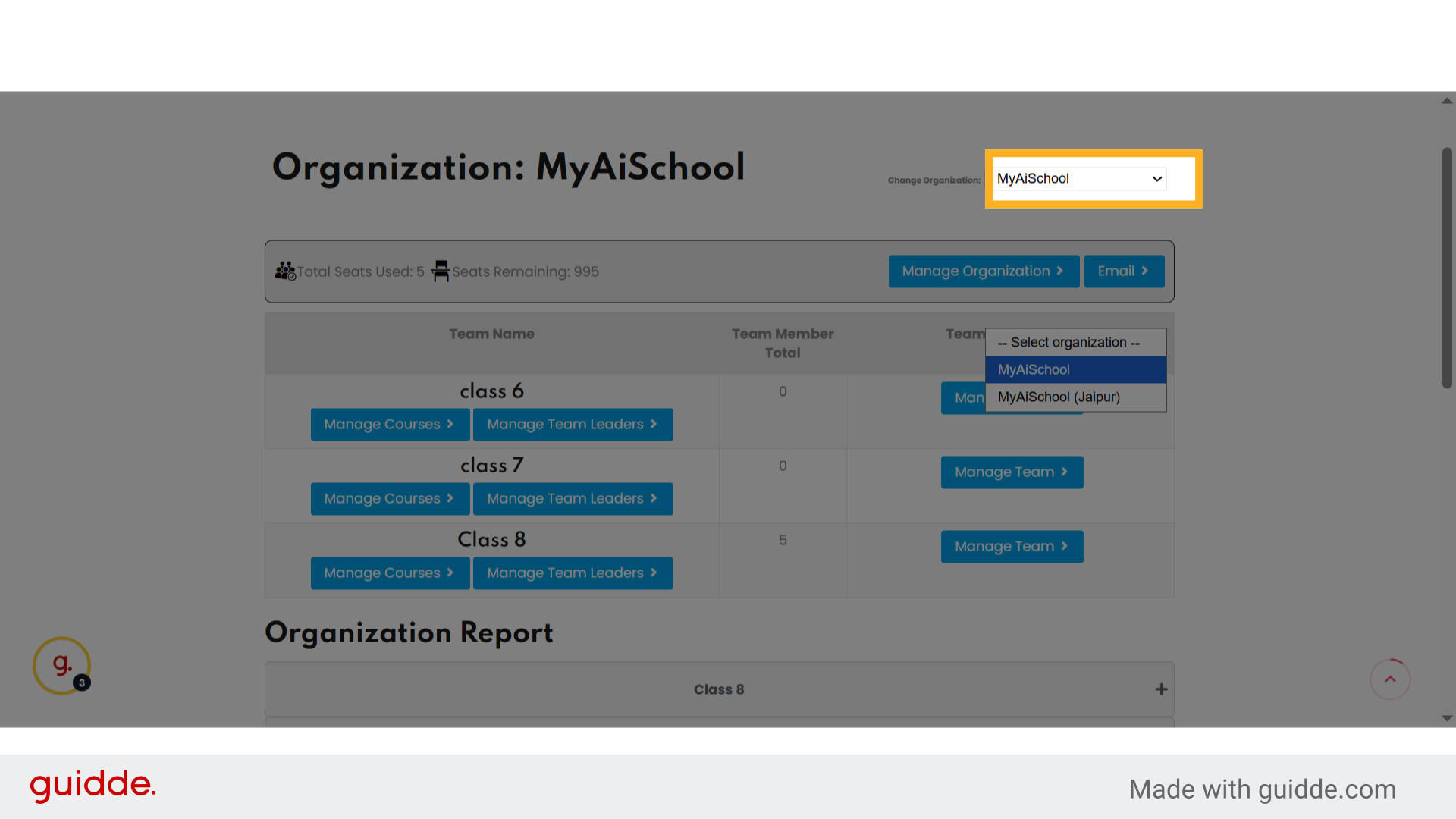 Dashboard Page of School Management