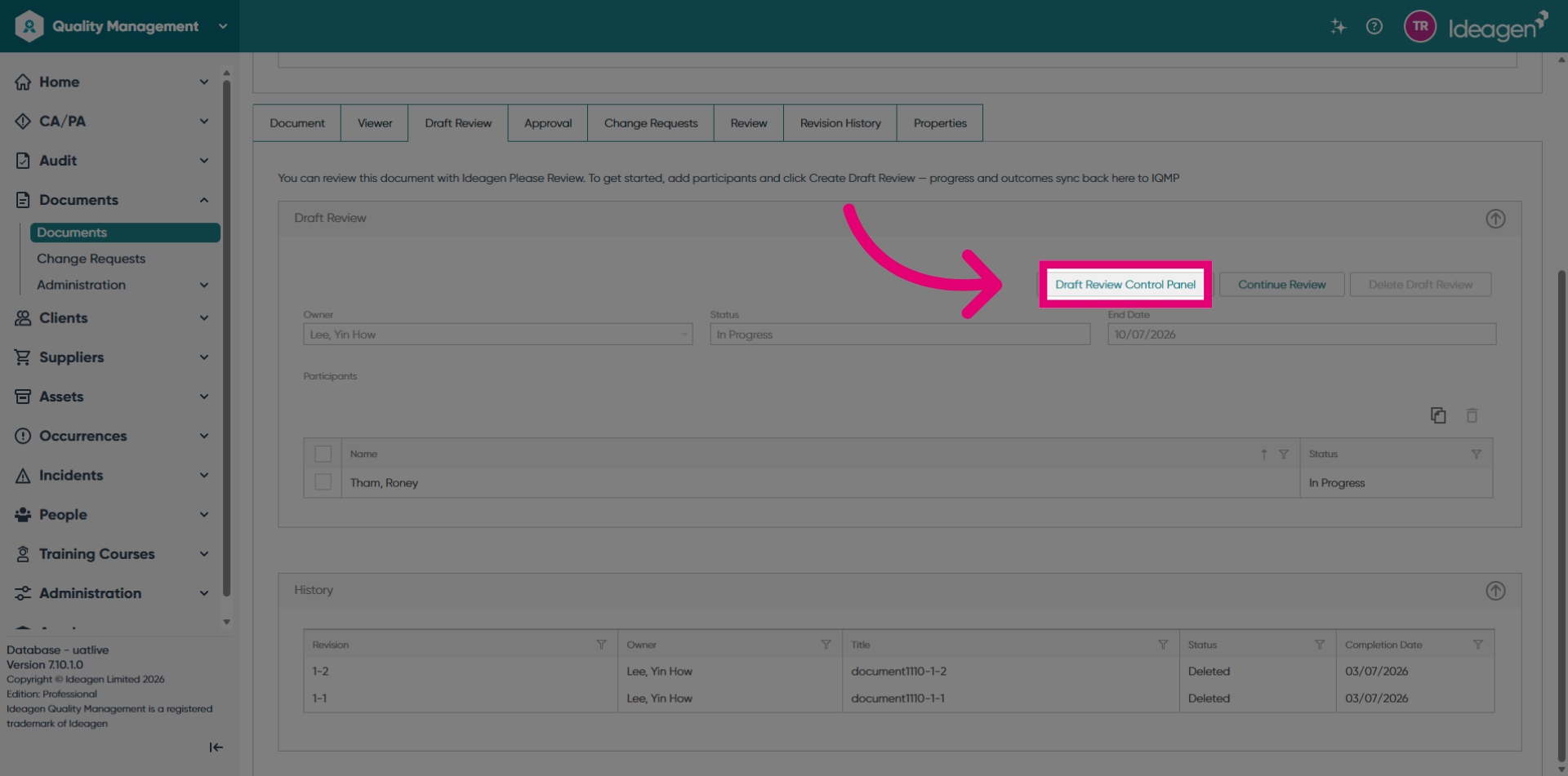 Open Draft Review Control Panel