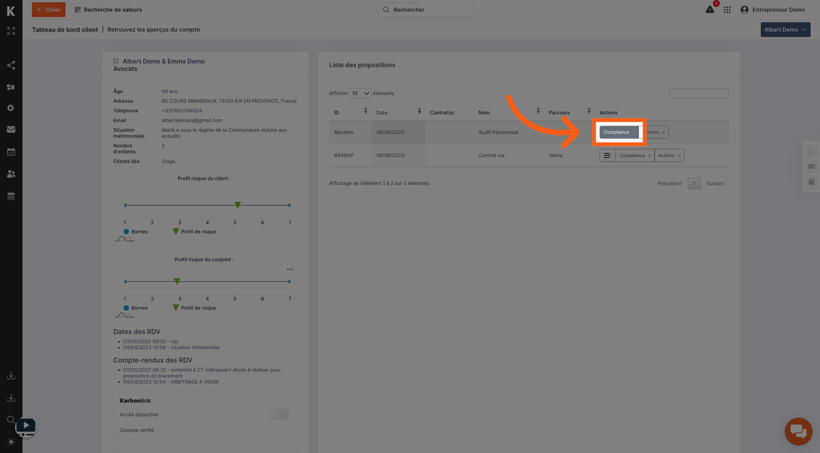 Choisir compliance dans le dashboard client