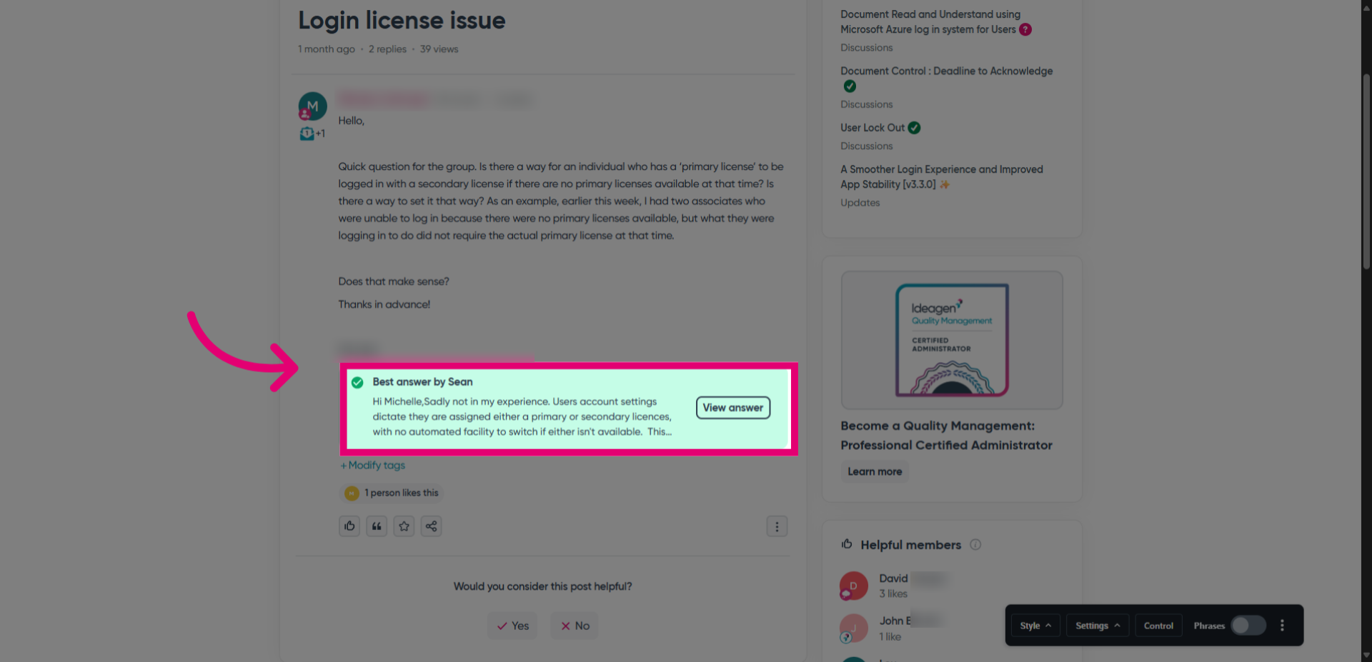 Click 'Best answer by Sean'