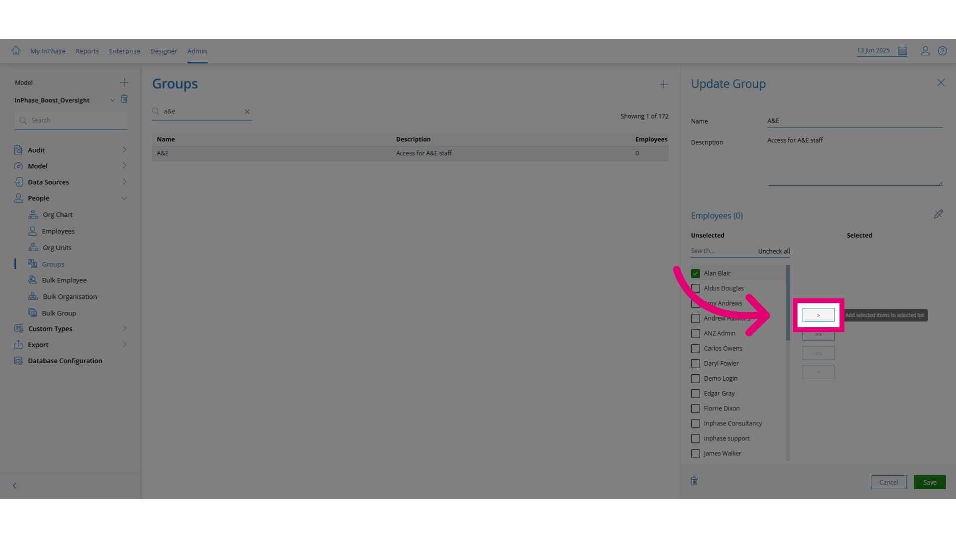 Click Add selected items to selected list