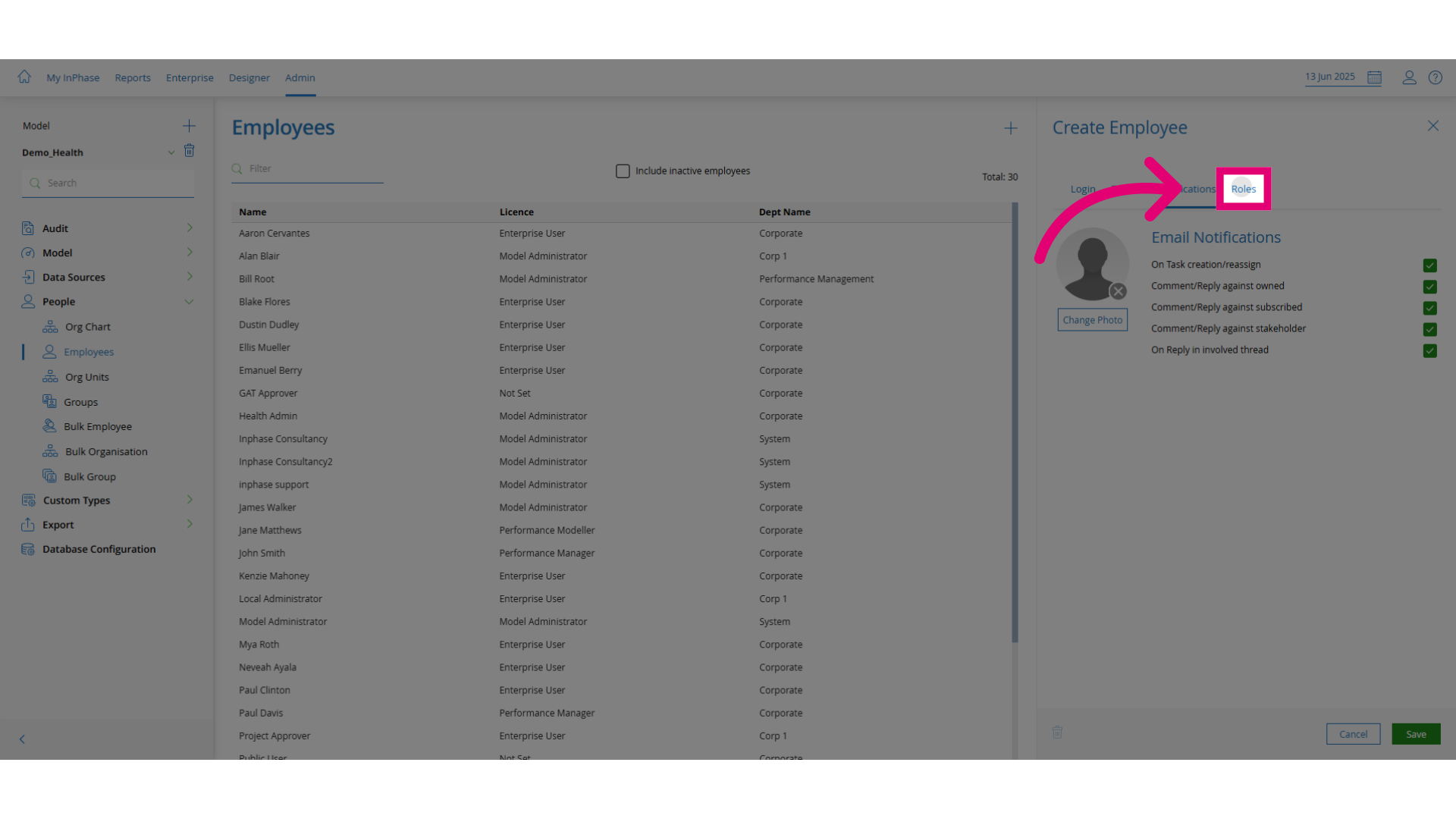 Open the roles tab