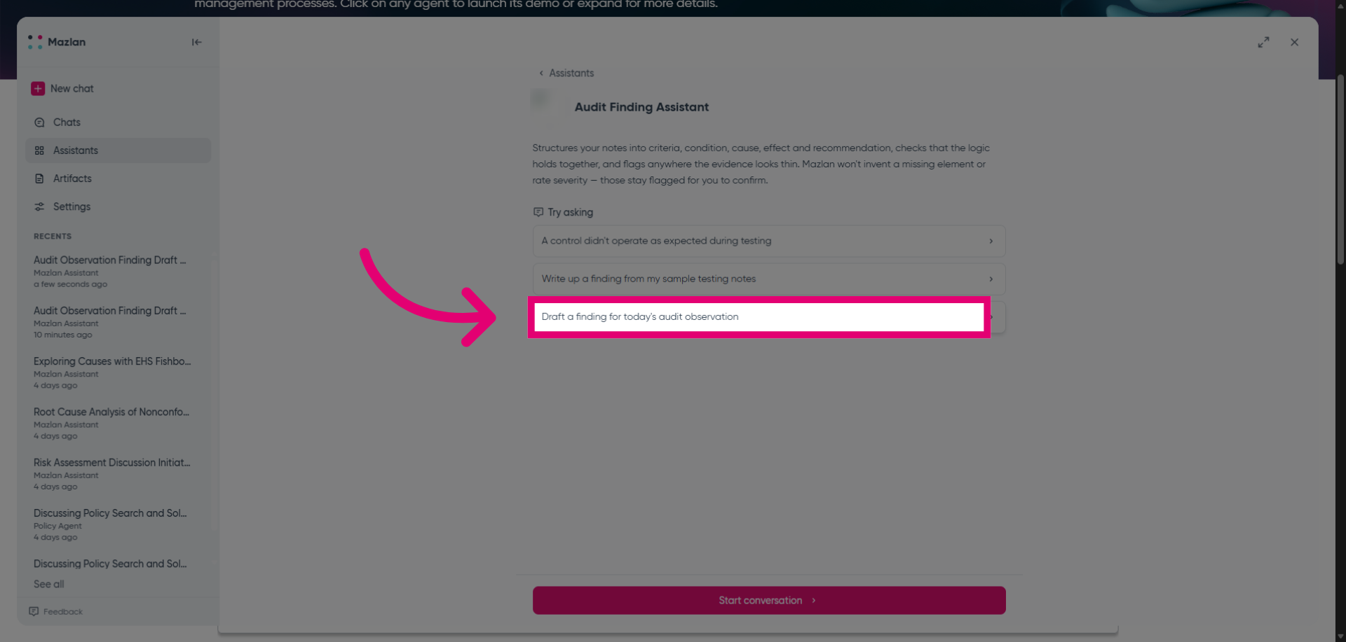 Start Drafting Audit Finding
