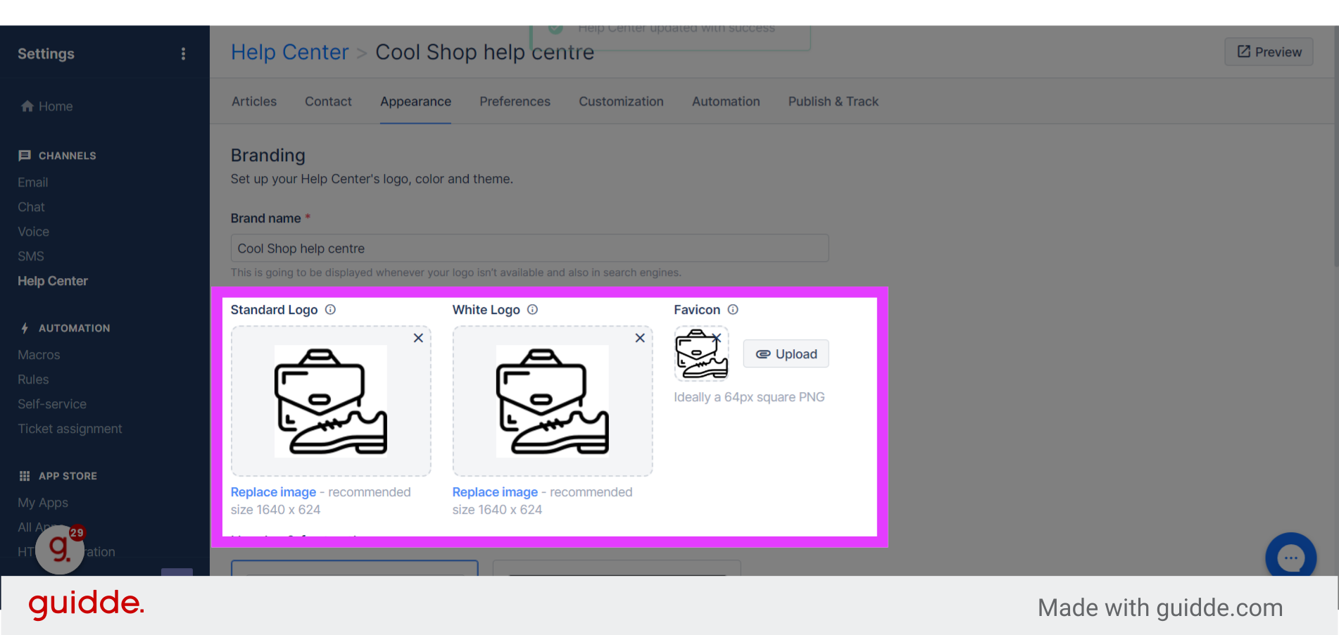 How to customize appearance of help center on Gorgias - Guidde | Gallery