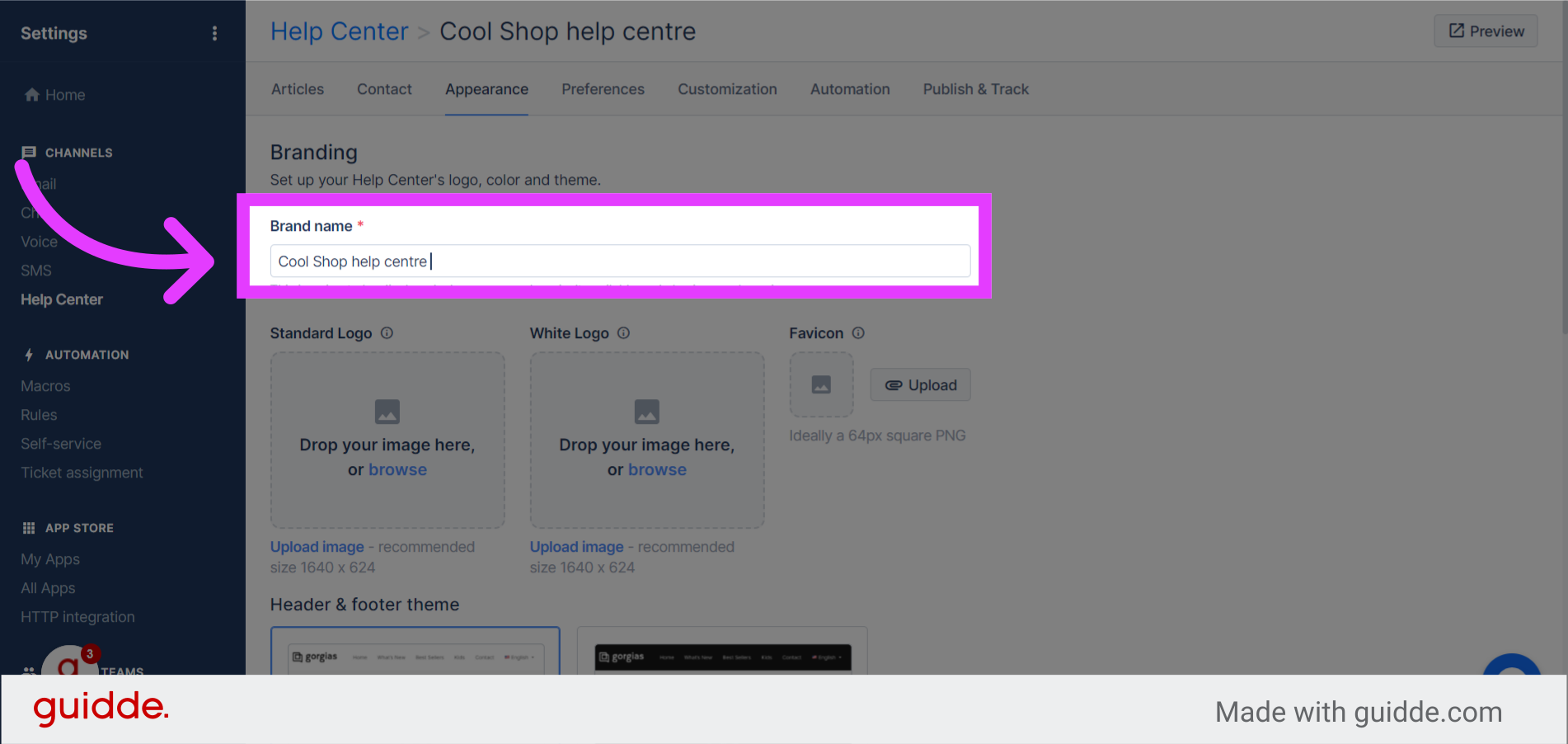 How to customize appearance of help center on Gorgias - Guidde | Gallery