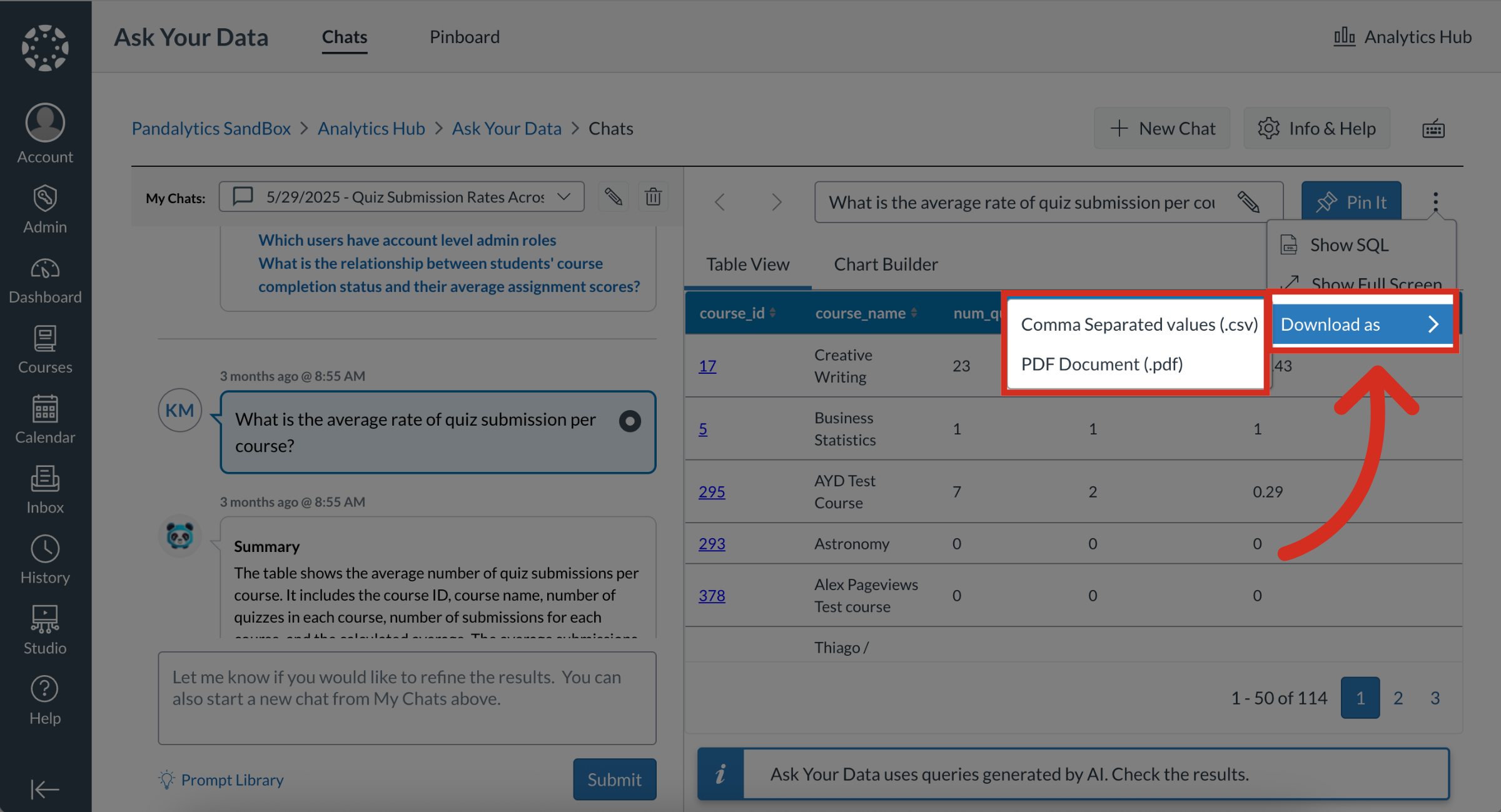 How do I view and download the results set in Ask Your Data ...