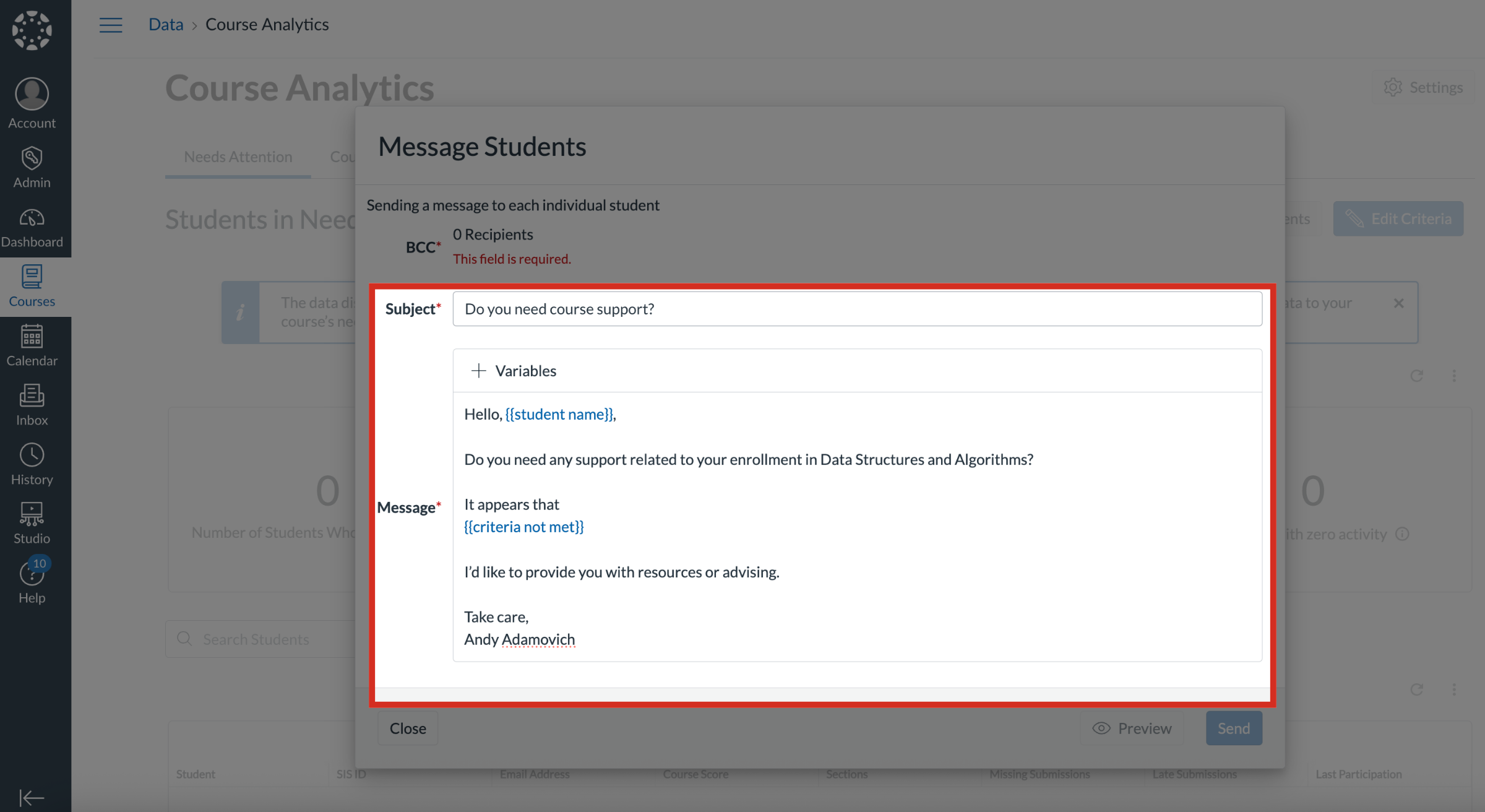 How do I bulk message students at the course level in Students in Need ...
