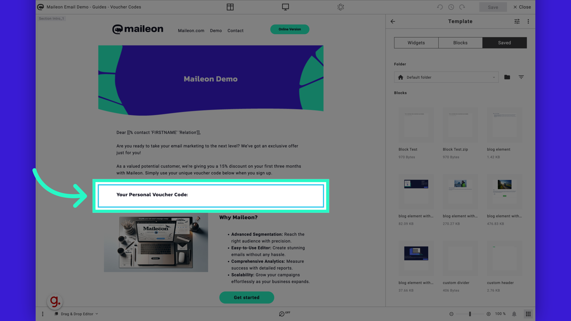 Mail Out Code ️ How to add a voucher code to an email : Maileon Support