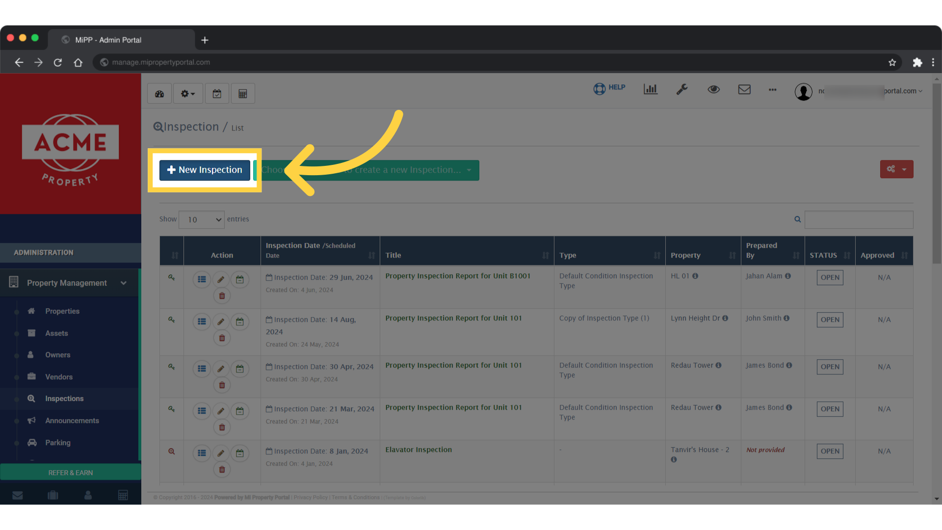 Inspection Button How to Create Inspection (Different Types)? - Mi Property Portal Help ...