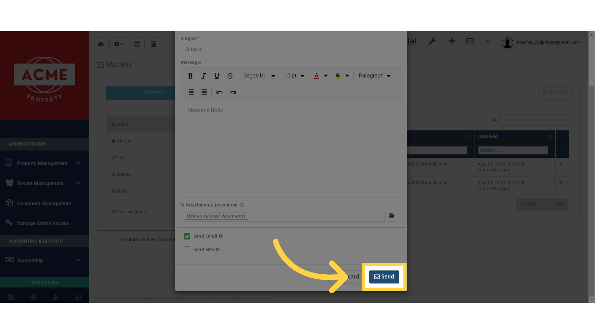 How to Add Attachments while Composing an Email from Mi Property Portal ...