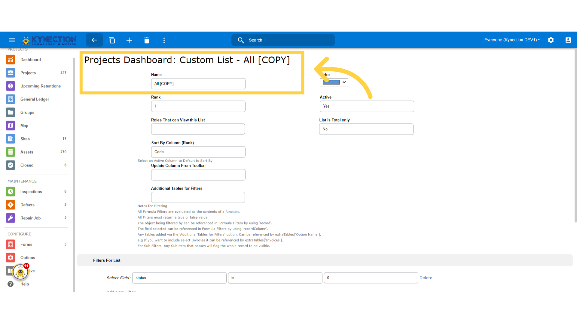 Project Custom Lists Kynection
