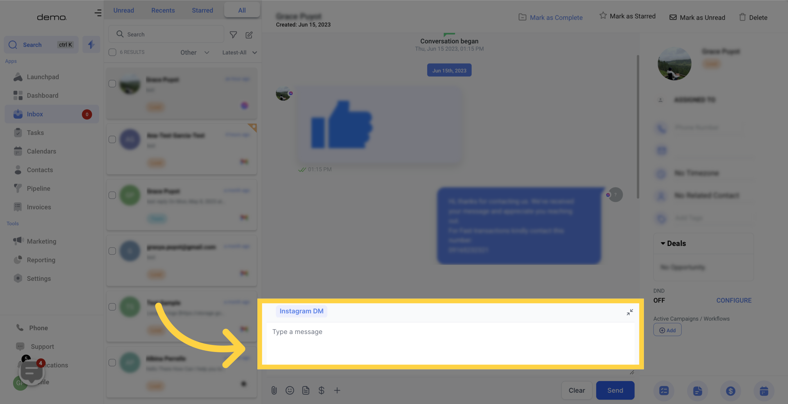 instagram send message button