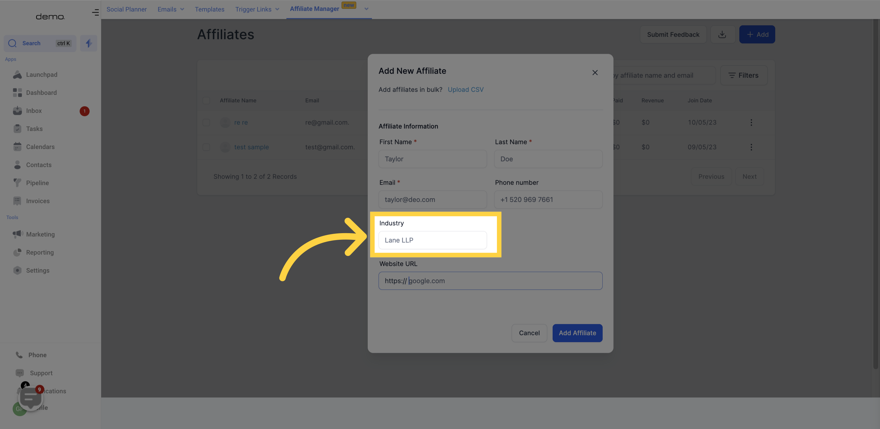 How to Add a New Affiliate in Your CRM | Genie AI