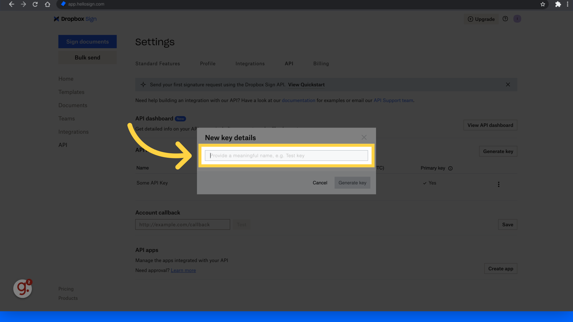 How to find your API key in Dropbox Sign – Keragon